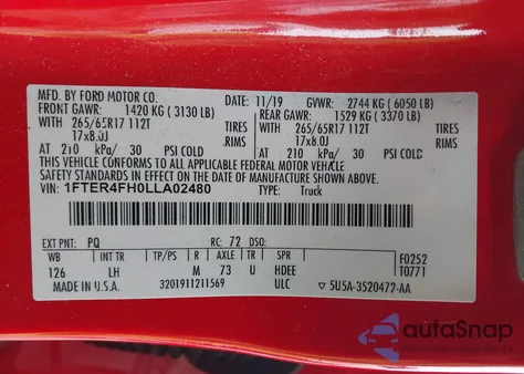 2020 Ford Ranger Xlt из США, поврежденный, VIN 1FTER4FH0LLA02480